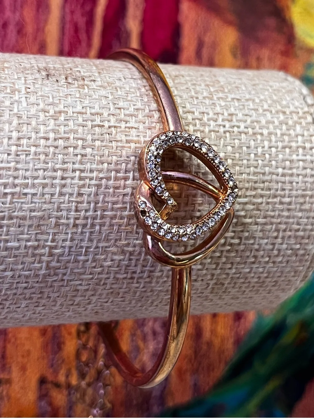Estate Rose Gold Heart Crystal Knot Bangle - Women Jewelry